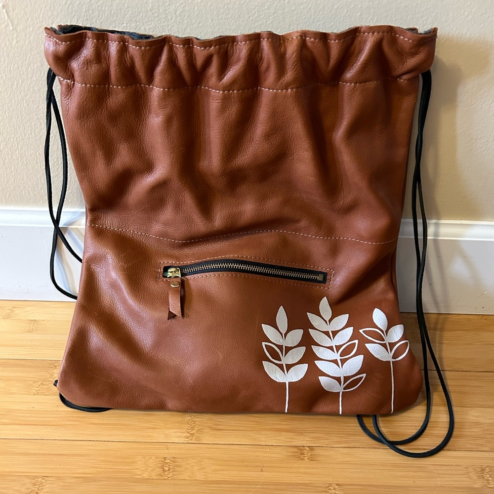 Leather Draw String Backpack Bag With Silkscreene… - image 1